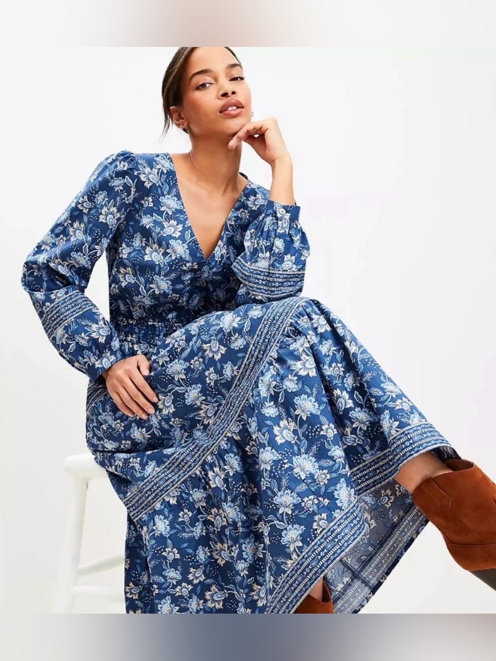 LOFT Women’s Floral Smocked Cottagecore Elastic Waist Cotton Blend Midi Dress S